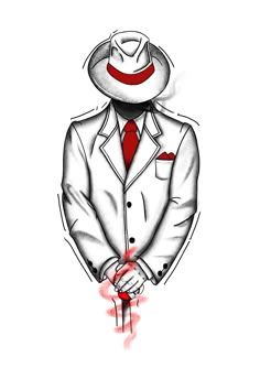 a drawing of a man in a suit and hat with his hands on his hips