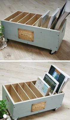 two pictures of an open drawer on the floor with books and magazines in it's drawers