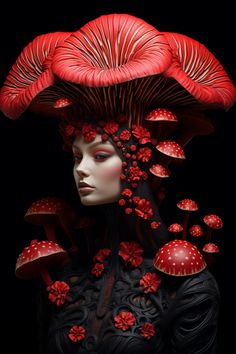 a woman with red flowers on her head and mushrooms all over her face, in front of a black background