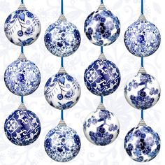 twelve blue and white christmas ornaments hanging from strings