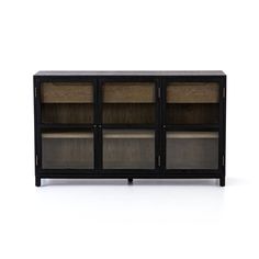 the sideboard is made from wood and has two glass doors, one door open to reveal