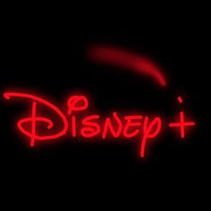 the word disney plus is lit up in red on a black background with an orange glow