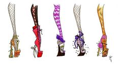 five different colored stilettos with designs on them