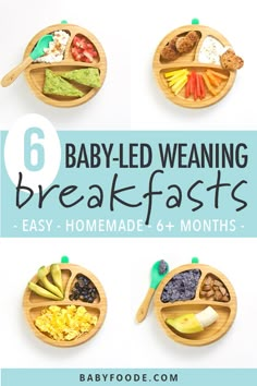 six baby - led weaning breakfast trays with text overlay