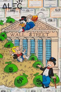 an image of cartoon characters in front of a building with money bags on the ground