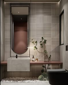 a bathroom with a sink, mirror and plants