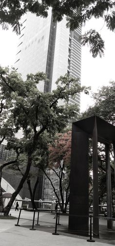 an empty park with benches and trees in front of a tall building on a cloudy day