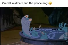 an animated cartoon character in a bathtub filled with water and other characters around it