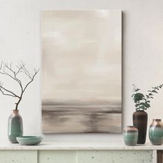 some vases are sitting on a shelf in front of a painting and two plants