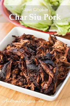 slow cooker char siu pork with lettuce in the background