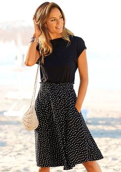 Black Dotted Polka Dot 2-In-1 Dress X29583 | LASCANA Polka Dot Skirt Outfit, Dot Skirt Outfit, Casual Short Sleeve Dress, Rock Outfit, Italy Outfits, 21st Dresses, Modest Clothing, Polka Dress, Mode Inspo