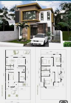 two story house plan with 2 car garage and attached living room, bedroom and bathroom