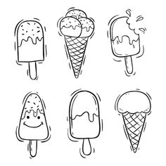 four ice creams with different toppings on them, one is drawn in black and white