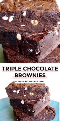 triple chocolate brownies stacked on top of each other