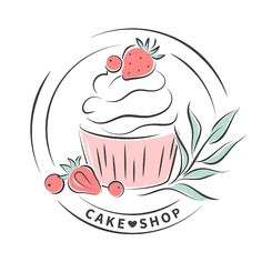 a cupcake with strawberries on top and the words cake shop written below it