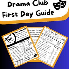 the drama club's first day guide is shown with four pieces of paper on it