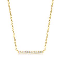 Ross-Simons - .10 ct. t. w. Diamond Bar Necklace in 14kt Yellow Gold. 16". RS Pure. Modern designs that complete your outfit and complement your personality. Layer on the sparkle! Crafted of 14kt yellow gold, .10 ct. t. w. round brilliant-cut diamonds twinkle along the front of a shining bar. Suspends from a cable chain and features a 2" extender. Springring clasp, diamond bar necklace. Diamond birthstones are the perfect gift for April birthdays. Classic Diamond Bar Necklace For Formal Occasions, Luxury Yellow Gold Bar Necklace Fine Jewelry, Yellow Gold Bar Necklace With Single Cut Diamonds, Elegant Diamond Bar Necklace In Yellow Gold, Elegant Gold Diamond Bar Necklace, Everyday Yellow Gold Diamond Bar Necklace, Classic Bar Necklace With Diamond Accents, Elegant Yellow Gold Diamond Bar Necklace, Luxury Classic Yellow Gold Bar Necklace