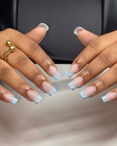 Baby Blue French Tip, Short Frenchies, Acrylic Nails Light Blue, Nail Colors For Dark Skin, Baby Blue Acrylic Nails, Blue Prom Nails, Blue French Tip, Light Blue Nails, Baby Blue Nails