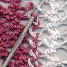 two crochet stitches are next to each other on a white and pink blanket