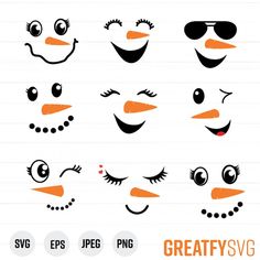 the snowman faces are drawn in different styles and colors, including black and white