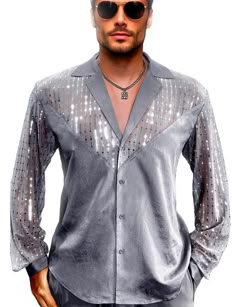 PRICES MAY VARY. Chic look: Unique custom mesh sequined fabric, is slightly transparent, shinny in the light, emitting a mysterious sexy smell. Original details:This suit collar shirt consists of a shiny mesh sequin in a V-shape across the chest and a shiny shirt material，which is very designed. The sequins on the mesh are arranged in vertical bars, which is very thin while shining, and the slim version looks very advanced. Omnipotent matching:You can wear suit pants, slacks, jeans, etc., as you Trendy New Years Eve Outfit, Disco Fits, Halloween Club Party, Disco Christmas, Disco Look, 70’s Disco, Denim Outfit Men, Sequin Collar, Sequined Fabric