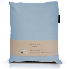 the back cushion is made from light blue fabric and has a tan stripe on it