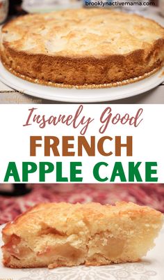 an image of a french apple cake on a plate with the words, i usually good french apple cake