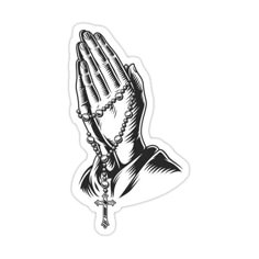 a black and white drawing of a praying hand with rosary on it's end