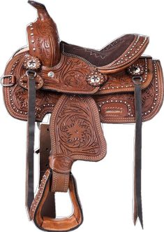 an old western saddle with a bird on it