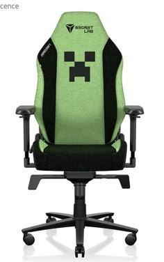 a green and black gaming chair with the word minecraft on it's back