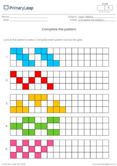 A colourful worksheet with 5 different coloured patterns for students to repeat across the squared grids. Patterns Maths Worksheet, Pattern Maths Worksheet, Increasing Patterns Grade 3, Patterns Math, Grade 2 Patterning Activities, Patterns Grade 1, Complete The Pattern Worksheet, Math Patterns Activities, Holiday Word Search