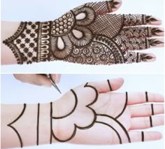 two hands with henna designs on them, one is showing the design and the other has