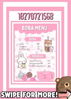 a menu with an image of a teddy bear on it and the words booba menu