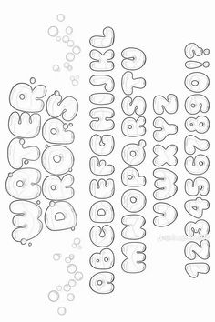 the words happy birthday are drawn in different font styles and colors, along with bubbles