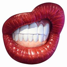 an open mouth with white teeth and red lipstick