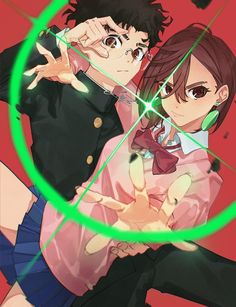 two anime characters standing next to each other in front of a circular object with green lines