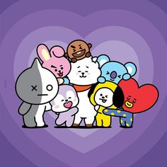 a group of cartoon animals standing next to each other on a heart shaped purple background