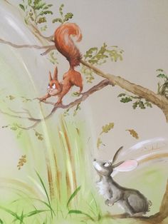 a painting of two animals on a tree branch