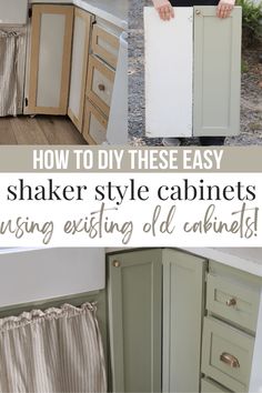 How to DIY shaker style cabinets from existing old cabinets  - ourlittlebluehomestead.com Shaker Style Cabinets Diy, New Cabinet Doors On Old Cabinets, Replace Cabinet Doors, Update Cabinet Doors, Outdated Kitchen Cabinets, Replacing Kitchen Cabinets, Diy Shaker Cabinet Doors, Diy Shaker Cabinets, Old Style Kitchen