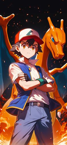 an anime character is standing in front of a fire with his arms crossed and one hand on his chest