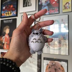 a hand holding a small stuffed animal keychain in front of a wall full of pictures