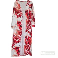 Flowy Stretchable Floral Kimono Duster. Perfect To Wear With Dresses, Shorts, Jeans Or As A Swimsuit Cover-Up Size S (Also Fits Size M) Sleeve 18 1/2" Pit To Pit 21" Length 51 1/2" Material - 89% Polyester, 11% Elastane Brand New Without Tag - Never Worn (Only Tried On) The Best Discounts Are Bundles Of 2 Or More Same Or Next Day Shipping If You Have Any Questions Feel Free To Ask! Multicolor, Floral, Dainty, Elegant, Classy, Chic, Boho Bohemian, Abstract, Casual, Summer, Travel, Vacation, Beach White V-neck Kimono For Daywear, White V-neck Kimono For Day Out, Casual Red V-neck Kimono, Casual White Floral Print Kimono, White Open Front Kimono For Day Out, Red Long Sleeve Kimono For Beach Cover-up, Fitted Red Summer Kimono, White Long Sleeve Kimono For Day Out, Red Long Sleeve Kimono For Vacation