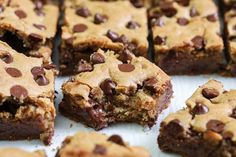 chocolate chip cookie bars cut into squares and stacked on top of each other