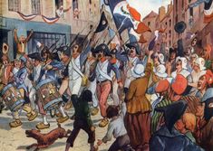 an old painting of people marching down the street with flags and banners in their hands