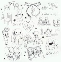 a drawing of teddy bears and other things in the shape of hearts, stars, and heart shapes