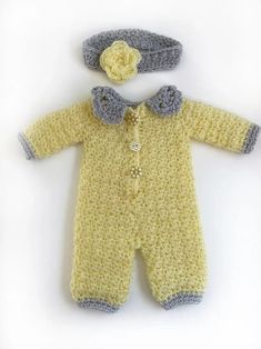 a crocheted baby's outfit and hat is shown