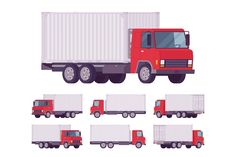 the flatbed truck is red and white with four different sides, all in different positions