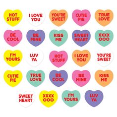 conversation hearts with the words i love you in different colors and sizes, arranged on a white background