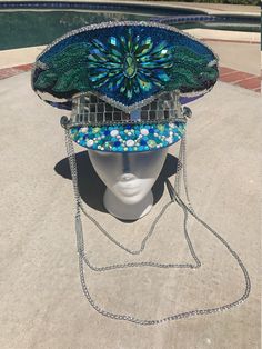 SALE INTERGALACTIC MERMAID Captain's hat military Festival Face Gems, Desert Love, Captain's Hat, Rave Hats, Black Rock Desert, Fantasy Fest, Burning Man Outfits, Festival Costumes