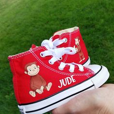 Choose your shoe color during check out and leave his/her name in the personalization box. Too cute! Shoes Photo, Curious George, Sneakers Athletic, Too Cute, Toddler Shoes, Converse High Top Sneaker, Converse Chuck Taylor High Top Sneaker, Converse Shoes, High Top Sneakers